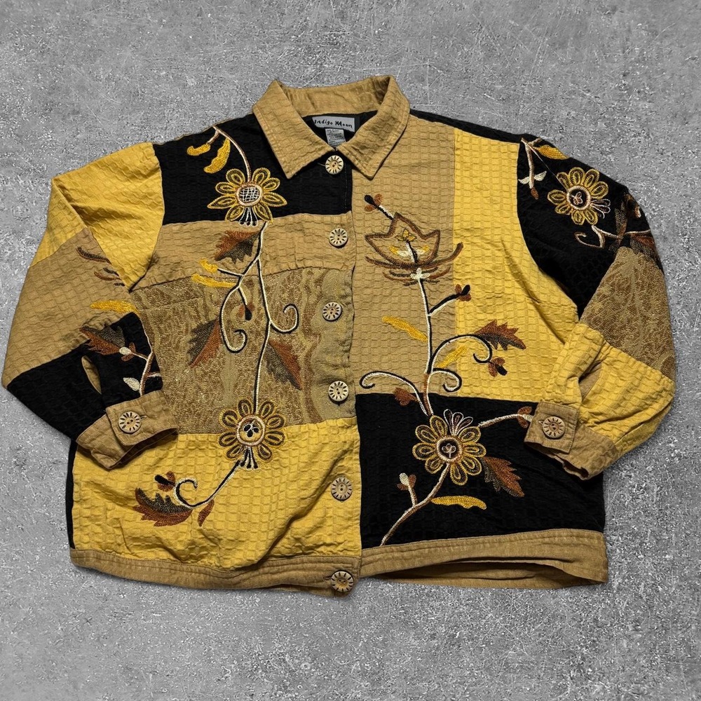 Indigo Moon Patchwork Quilted Jacket Embroidered Floral Gold Black Plus Size 1X